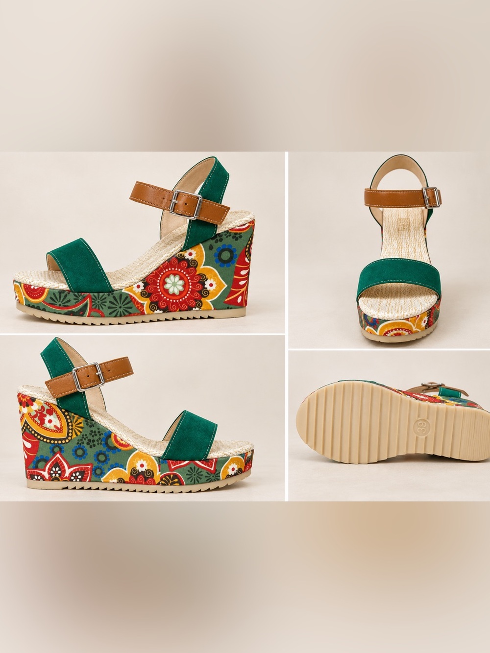 Boho Floral Platform Wedge Sandals – Green Multicolor